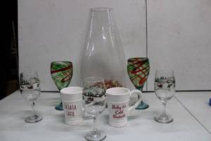 lot 195 image: Large Hand Blown Glass Vase and Holiday Glasses and Mugs