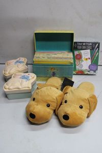 lot 233 image: Forever 21 Plush Dog Slippers (still with tags), Pair of Bunny Boxes, Collection of Greeting Cards separated by categories, Color and Create Your Own Cards Kit