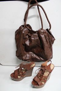 lot 234 image: Nine West Brown BagPurse and Brown High Heel Platform Sandles with Gold Studded Trim by Shoedazzle