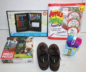 lot 239 image: Kids Lot Buster Brown Brown Non-Skid Shoes Size 11.5 (Looks like Never Worn), Apples to Apples Frrestyle Game, Art Set and 500 Piece Puzzle