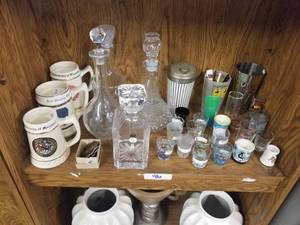 lot 416 image: Selection of Barware - decanters, steins, and shot glasses