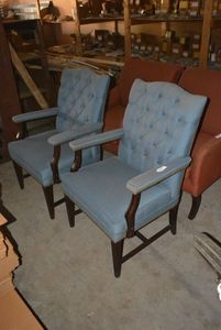 lot 12 image: Pair of Vintage Button Tufted Blue Arm Chairs