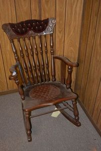 lot 64 image: Vintage Rocking Chair with Round Leather Seat and Felt Top Back