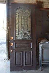 lot 148 image: Solid Wood Front Door with Half Glass Panel and Wrought Iron Design