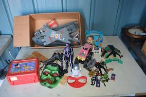 lot 36 image: Toy Lot Action Figures, Masks, Hot Wheels Track, and R2D2 Bop It Toy, Big Bird