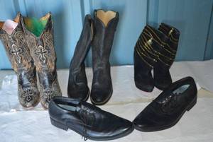 lot 40 image: Shoes Black Cowboy Boots with Cross Motif Size 8.5, Black Boots Size 9, Mens Vionic Black Dress Shoes Size 13, Womens Apple Bottom High Heel Boots Size 7