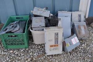 lot 58 image: Large lot of Fuse boxes peg board pegs and other metal plates