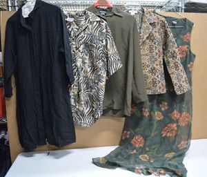 lot 101 image: Womens Clothes Magic Safari Top, Caribou Olive Green Blouse, Gemilli Tapestry Jacket Size PM, Green Floral Sleeveless V-Neck Dress