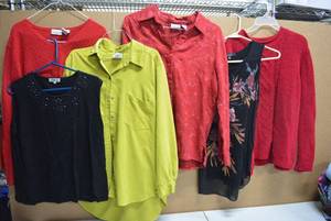 lot 104 image: Womens Sweaters and Tops Red Sweaters, Carducci Sleeveless Top, Chicos Design Top, and Floral Tank top