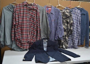 lot 110 image: Mens Clothing Caravelle Navy Blue Jacket and Long-Sleeve Shirts Wrangler, George, Ralph Lauren, Banana Republic Brands