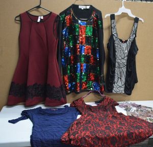 lot 111 image: Womens Clothes Holiday Tops and Dresses. Alya Dress, Miss Sixty, Westbound Sequin Sweater, Sequin Tank Top and More
