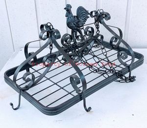 lot 125 image: Rooster Iron Hanging Kitchen Pot Rack - Ceiling Pan Organizer