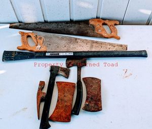 lot 115 image: Tools Hand Saws, Hand Hachets, Double Bladed AX Heads, Ax Handle and more