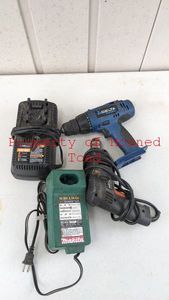 lot 92 image: Hand Drills One Lacks the Battery the other is Electric and Two Battery Chargers