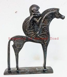 lot 103 image: Trojan Warrior on Horse Back Ready for War, 6.5 Tall and made of Metal