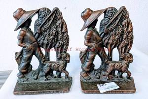 lot 104 image: RARE  ANTIQUE VERONA # 695 CAST IRON BRONZE FISHING POLE BOY DOG ART STATUE BOOKENDS