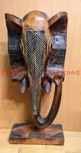 lot 173 image: African Wood Carved Elephant Head with Metal Inlays and Pedestral Stands 25 Tall 10.5 Wide