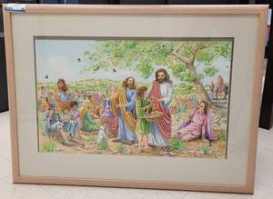 lot 46 image: FRAMED ANNE SAGER 1992 RELIGIOUS THEMED PRINT AS SHOWN. APPROX. 37 W x 27.5 H.