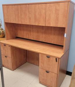 lot 51 image: OFFICE DESK WITH HUTCH WITH KEY AS SHOWN. DESK HAS 4 FILING DRAWERS AND STORAGE AREA. APPROX. 66 W x 65 H x 24 D.