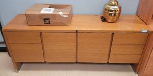 lot 52 image: LARGE WOODEN CREDENZA WITH DRAWERS AND STORAGE AREA AS SHOWN. APPROX. 70.75 W x 29.5 H x 19.5 D.