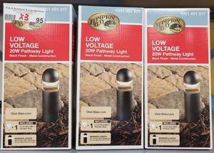 lot 95 image: (3) HAMPTON BAY LOW VOLTAGE 20W PATHWAY LIGHTS IN BOXES AS SHOWN. SOLD 3 X THE MONEY