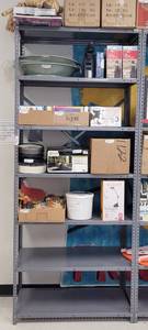 lot 131 image: LARGE METAL SHELF AS SHOWN. CONTENTS NOT INCLUDED APPROX. 36 W x 87 H x 18 D. DELAYED PICK UP