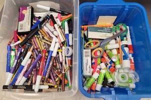 lot 140 image: ASSORTED PENS, MARKERS, SCISSORS AND MORE AS SHOWN.