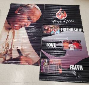 lot 164 image: (2) LARGE SIZE VINYL BANNERS AS SHOWN. (1) APPROX. 36 W x 76 H AND (1) APPROX. 36 W x 70 H. SOLD 2 X THE MONEY