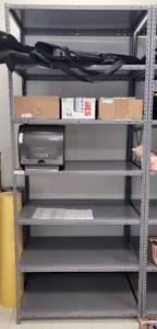 lot 170 image: LARGE METAL SHELF AS SHOWN. CONTENTS NOT INCLUDED APPROX. 36 W x 87 H x 18 D. DELAYED PICK UP