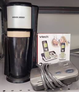 lot 181 image: V-TECH 2-HANDSET CORDLESS DIGITAL ANSWERING SYSTEM, BLACK & DECKER COFFEE MAKER, AND RADIO SHACK WEATHER RADIO AS SHOWN.