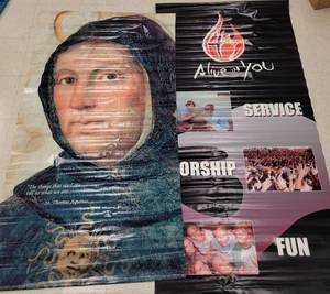 lot 183 image: (2) LARGE SIZE VINYL BANNERS AS SHOWN. (1) APPROX. 36 W x 76 H AND (1) APPROX. 36 W x 70 H. SOLD 2 X THE MONEY