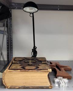 lot 195 image: DESK LAMP, CROSSES, AND BIBLE AS SHOWN.