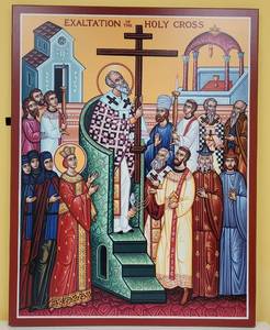lot 243 image: LARGE EXALTATION OF THE HOLY CROSS ICON AS SHOWN. APPROX. 28 W x 36 H x 1 D. SEARCH IT UP WWW.MONASTERYICONS.COM