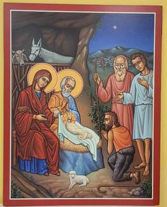 lot 249 image: LARGE ADORATION OF THE SHEPHERDS ICON AS SHOWN. APPROX. 28 W x 36 H x .75 D.