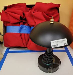 lot 289 image: TABLE LINENS AND DESK LAMP AS SHOWN.