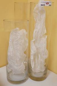 lot 297 image: (3) TALL GLASS VASES AS SHOWN. RANGE IN SIZE FROM 6 DIA x 16 H TO 5.5 DIA x 20 H. SOLD 3 X THE MONEY