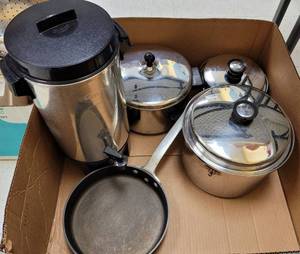 lot 320 image: WESTBEND COFFEE MAKER PLUS POTS AND PANS AS SHOWN.