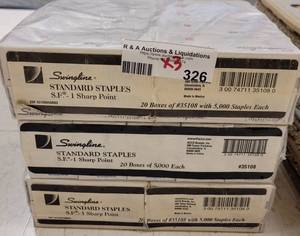 lot 326 image: (3) NEW PACKS 20 BOXES PER PACK OF SWINGLINE STAPLES 35108 AS SHOWN. SOLD 3 X THE MONEY