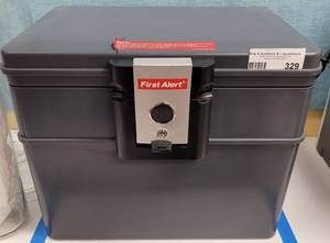 lot 329 image: FIRST ALERT KEY LOCK GRAY FILE SAFE BOX R15209 AS SHOWN. FIRE RESISTANT AND WATERPROOF.