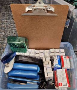 lot 333 image: STAPLERS, CLIPBOARD AND STAPLES, AND MORE AS SHOWN.