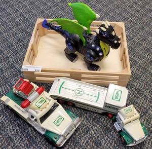 lot 355 image: TOY TRUCK, WOOD CRATE AND MORE AS SHOWN.