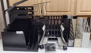 lot 371 image: LARGE LOT OF ASSORTED STACKABLE LETTER  PAPER TRAYS AND MORE AS SHOWN.