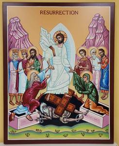 lot 252 image: LARGE RESURRECTION ICON AS SHOWN. APPROX. 28 W x 36 H x 1 D.