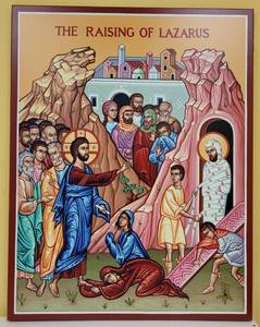 lot 261 image: LARGE RAISING OF LAZARUS RELIGIOUS ICON AS SHOWN. APPROX. 28 W x 36 H x 1 D.