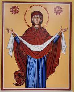 lot 262 image: LARGE HOLY PROTECTION RELIGIOUS ICON AS SHOWN. APPROX. 28 W x 36 H x 1 D.