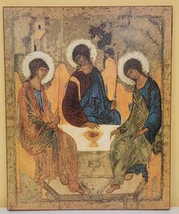 lot 267 image: LARGE THE HOLY TRINITY RUBLEV RELIGIOUS ICON AS SHOWN. APPROX. 21.75 W x 26.75 H x .75 D.