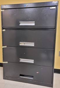 lot 281 image: HON METAL 4-DRAWER LATERAL FILE CABINET WITH PULLOUT AS SHOWN. APPROX. 36 W x 18 D x 52 H.