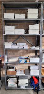 lot 404 image: LARGE METAL SHELF AS SHOWN. CONTENTS NOT INCLUDED APPROX. 36 W x 87 H x 18 D. DELAYED PICK UP