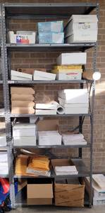 lot 405 image: LARGE METAL SHELF AS SHOWN. CONTENTS NOT INCLUDED APPROX. 36 W x 87 H x 18 D. DELAYED PICK UP