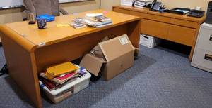 lot 410 image: WOODEN OFFICE DESK AND MATCHING CREDENZA IN STYLE SHOWN. CONTENTS NOT INCLUDED SOLD 2 X THE MONEY